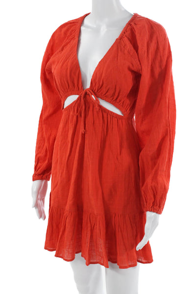 L Space Womens Red Cotton V Neck Long Sleeve Mini Sundress Size XS