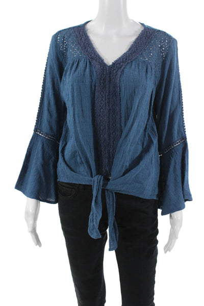 Walker & Wade Women Kimono Blouse Dark Blue Cotton VNeck Long Sleeve Tie Size S