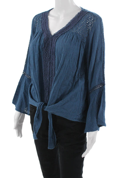 Walker & Wade Women Kimono Blouse Dark Blue Cotton VNeck Long Sleeve Tie Size S