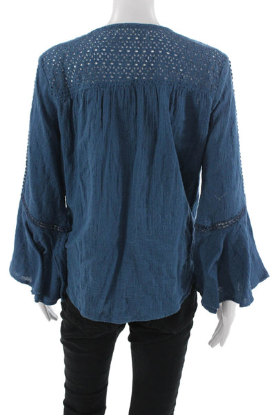 Walker & Wade Women Kimono Blouse Dark Blue Cotton VNeck Long Sleeve Tie Size S