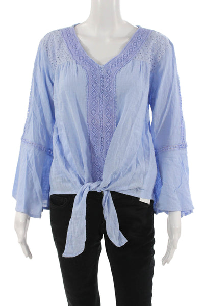 Walker & Wade Women Light Blue Cotton V-Neck Tie Long Sleeve Blouse Size S