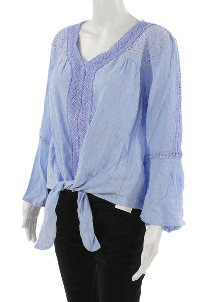 Walker & Wade Women Light Blue Cotton V-Neck Tie Long Sleeve Blouse Size S