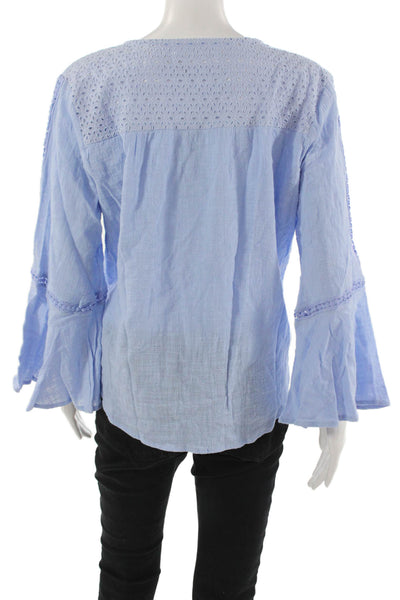 Walker & Wade Women Light Blue Cotton V-Neck Tie Long Sleeve Blouse Size S