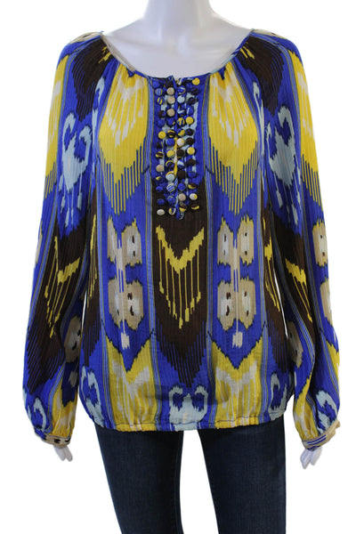 Tory Burch Womens Tunic Blouse Blue Geometric Silk Longsleeve Round Neck Size 4