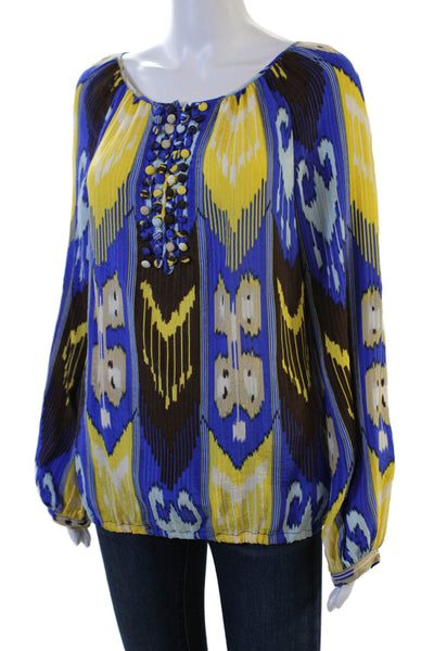 Tory Burch Womens Tunic Blouse Blue Geometric Silk Longsleeve Round Neck Size 4