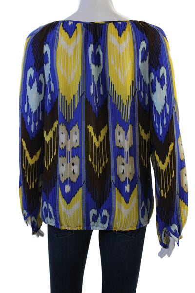Tory Burch Womens Tunic Blouse Blue Geometric Silk Longsleeve Round Neck Size 4