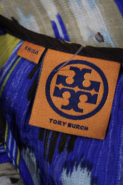 Tory Burch Womens Tunic Blouse Blue Geometric Silk Longsleeve Round Neck Size 4