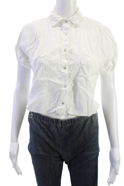 Zara Basic Women Cropped White Collared Button-Up Blouse Short Sleeve Size XS