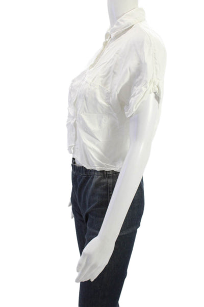 Zara Basic Women Cropped White Collared Button-Up Blouse Short Sleeve Size XS