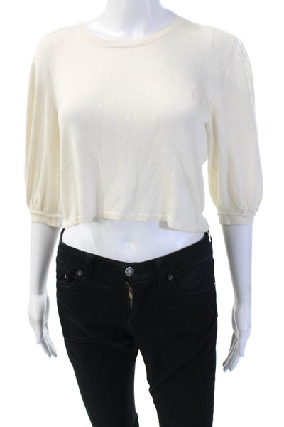 Hesperios Womens Cropped Blouse Beige Cotton Crew Neck 3/4 Sleeve Size S