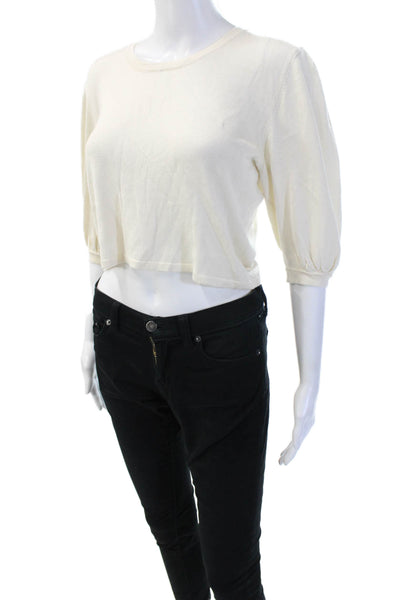 Hesperios Womens Cropped Blouse Beige Cotton Crew Neck 3/4 Sleeve Size S