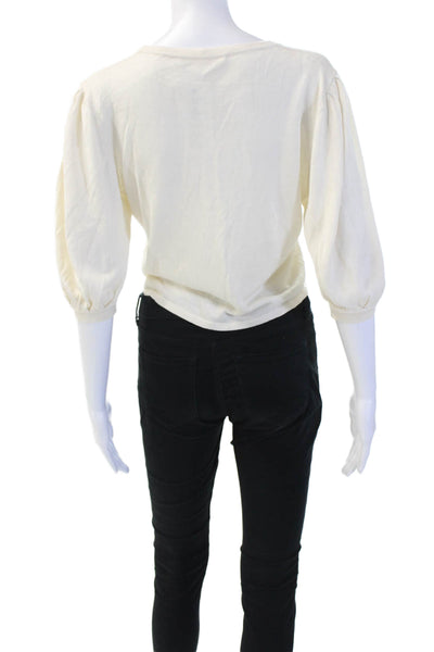 Hesperios Womens Cropped Blouse Beige Cotton Crew Neck 3/4 Sleeve Size S