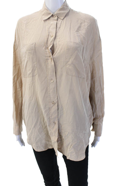 Vince Womens Silk Collared Long Sleeve Button Up Top Beige Size M