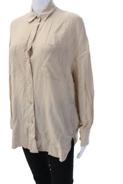 Vince Womens Silk Collared Long Sleeve Button Up Top Beige Size M
