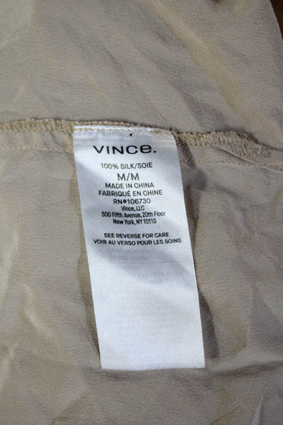 Vince Womens Silk Collared Long Sleeve Button Up Top Beige Size M
