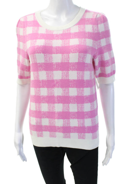 Maeve Anthropologie Women Pink Check Pullover Sweater Short Sleeve Size S