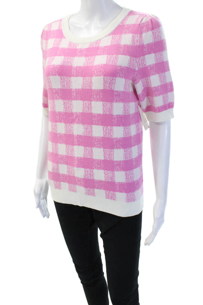 Maeve Anthropologie Women Pink Check Pullover Sweater Short Sleeve Size S
