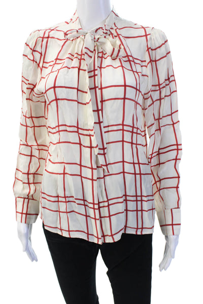 J Crew Women Beige Checked High Neck Button-Up Blouse Long Sleeve Size 6