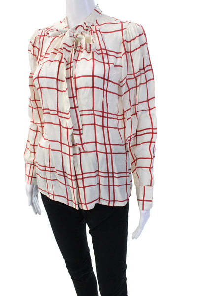 J Crew Women Beige Checked High Neck Button-Up Blouse Long Sleeve Size 6
