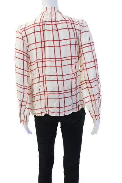 J Crew Women Beige Checked High Neck Button-Up Blouse Long Sleeve Size 6