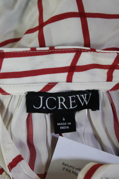 J Crew Women Beige Checked High Neck Button-Up Blouse Long Sleeve Size 6