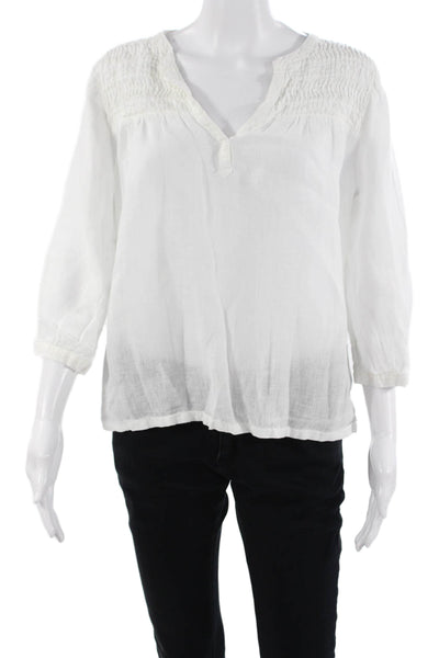 Joie Women Tunic White Linen V-Neck 3/4 Sleeve Bohemian Size M