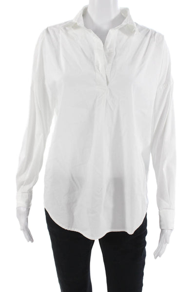 Magaschoni Womens Basic Collared Long Sleeve White Blouse Cotton Blend Size M
