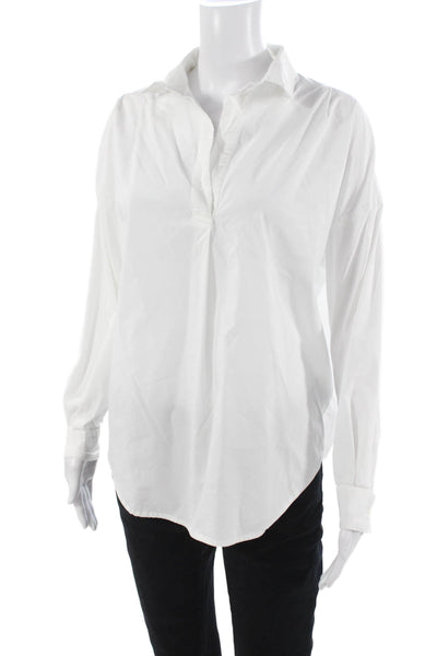 Magaschoni Womens Basic Collared Long Sleeve White Blouse Cotton Blend Size M