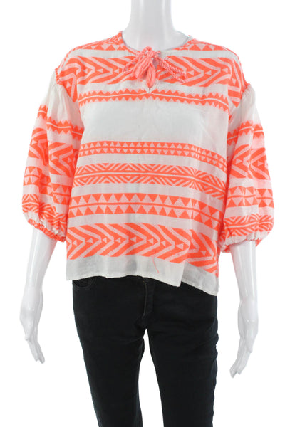 DRA Women White Aztec 3/4 Sleeve Drawstring Blouse Size M