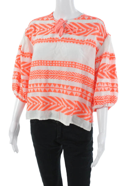 DRA Women White Aztec 3/4 Sleeve Drawstring Blouse Size M