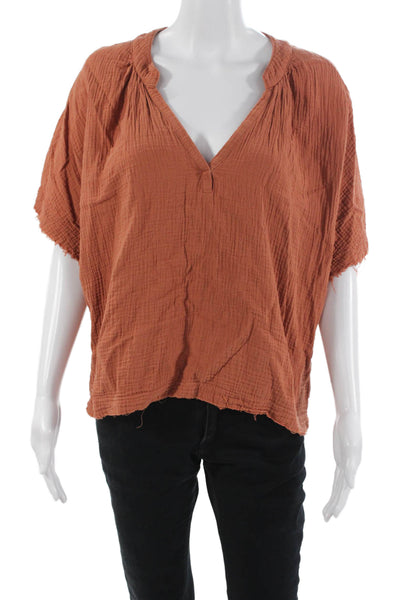 YFB Womens Bohemian V-Neck Short Sleeve Brown Blouse Size S