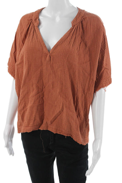 YFB Womens Bohemian V-Neck Short Sleeve Brown Blouse Size S