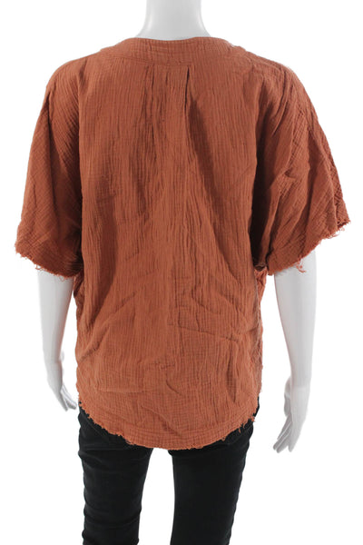 YFB Womens Bohemian V-Neck Short Sleeve Brown Blouse Size S
