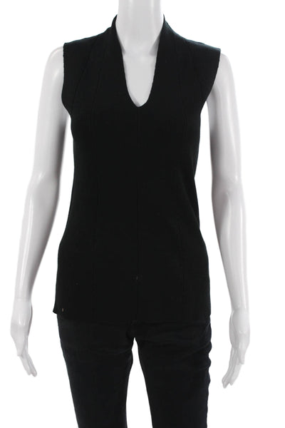 Metric Knits Women Basic V-Neck Black Tank Top 80% Viscose 20% Nylon Size M