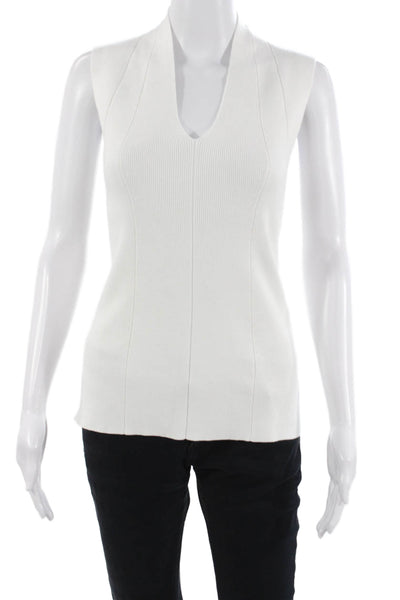 Metric Knits Womens V Neck Basic Sleeveless Tank White 80% Viscose Size M