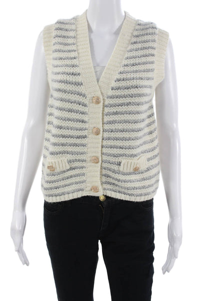 Heartloom Women Striped V-Neck Button Vest White Size M