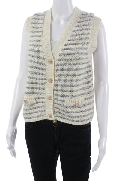 Heartloom Women Striped V-Neck Button Vest White Size M