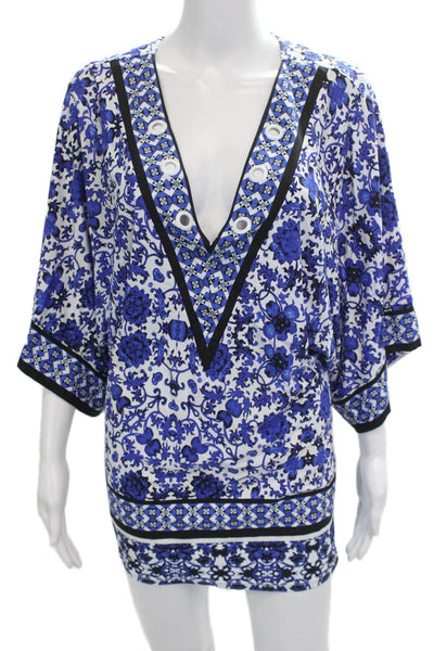 Nanette Lepore Women Kimono Tunic Floral Blue Vneck 3/4 Sleeve PolyBlend Size S
