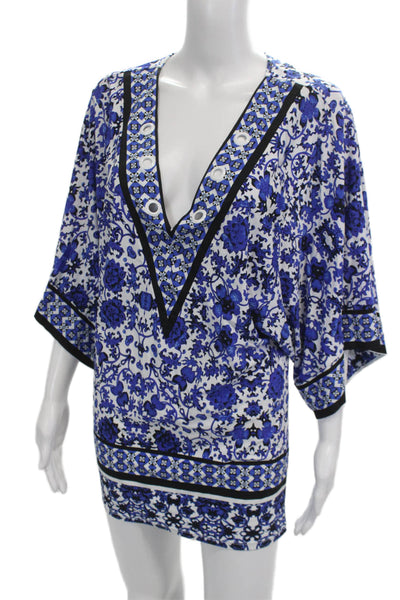 Nanette Lepore Women Kimono Tunic Floral Blue Vneck 3/4 Sleeve PolyBlend Size S
