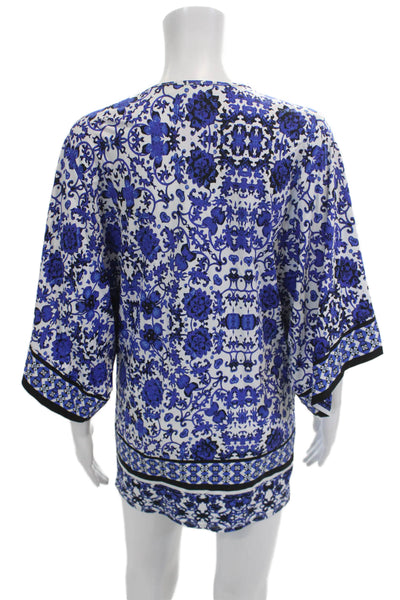 Nanette Lepore Women Kimono Tunic Floral Blue Vneck 3/4 Sleeve PolyBlend Size S