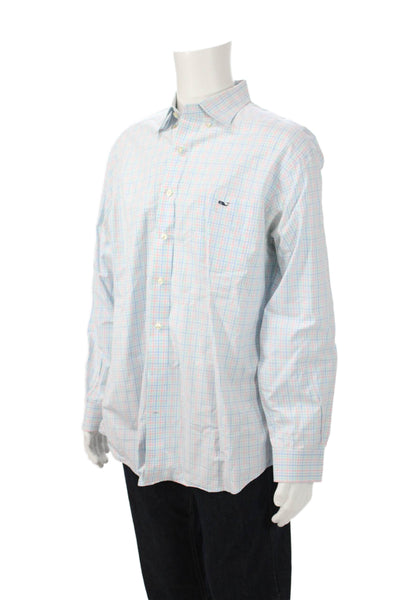 Vineyard Vines Mens Button Front Collared Plaid Tucker Shirt Blue Pink White XL