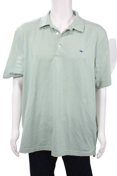 Vineyard Vines Mens Short Sleeve Collared Striped Knit Polo Shirt Yellow Blue XL