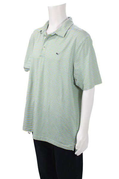 Vineyard Vines Mens Short Sleeve Collared Striped Knit Polo Shirt Yellow Blue XL