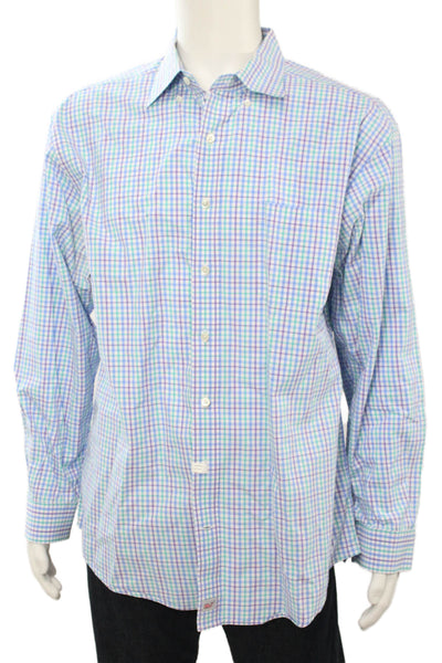 Vineyard Vines Mens Button Front Collared Plaid Murray Shirt Blue White Size XL