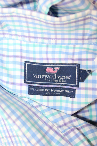 Vineyard Vines Mens Button Front Collared Plaid Murray Shirt Blue White Size XL