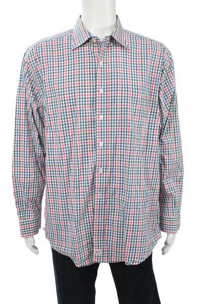 Vineyard Vines Mens Button Front Collared Plaid Shirt Green Pink White Size XL