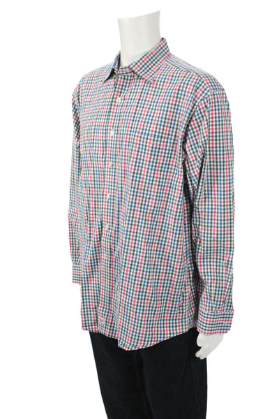 Vineyard Vines Mens Button Front Collared Plaid Shirt Green Pink White Size XL