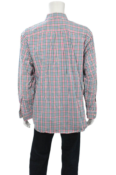 Vineyard Vines Mens Button Front Collared Plaid Shirt Green Pink White Size XL