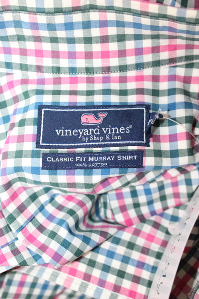 Vineyard Vines Mens Button Front Collared Plaid Shirt Green Pink White Size XL