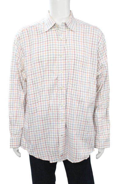 Vineyard Vines Mens Button Front Collared Plaid Shirt White Green Peach Size XL